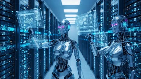 futuristic robots analyzing data in a high-tech server room: the blend of ai and technology in an advanced digital environment