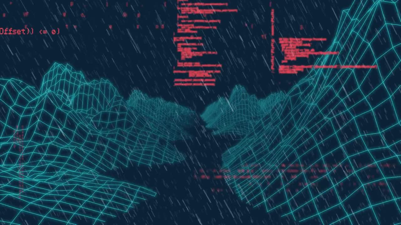 Animation of data processing and digital mountains over blue background