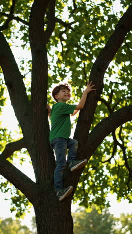 young boy joyfully climbing a tree
