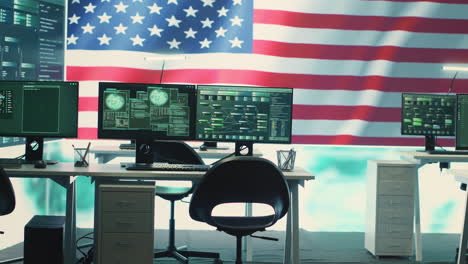 Empty-governmental-surveillance-room-shows-an-American-flag