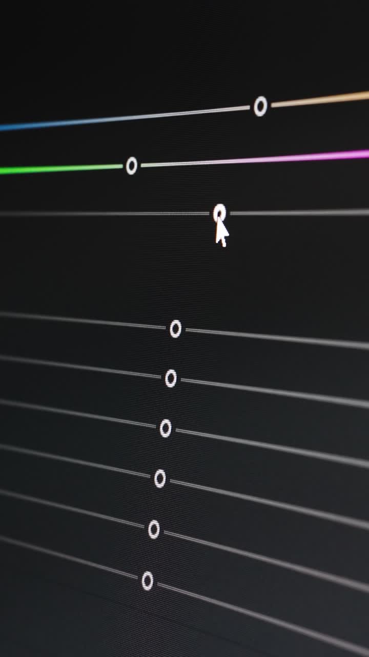 Video editing. Basic color correction with adjustment sliders. Color grading. Screen close up