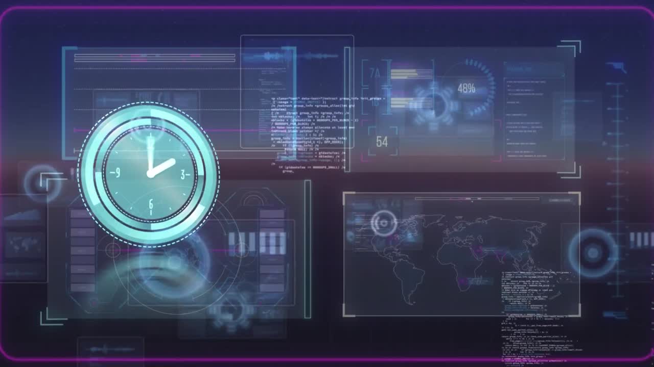 animación de reloj en movimiento y procesamiento de datos sobre fondo negro