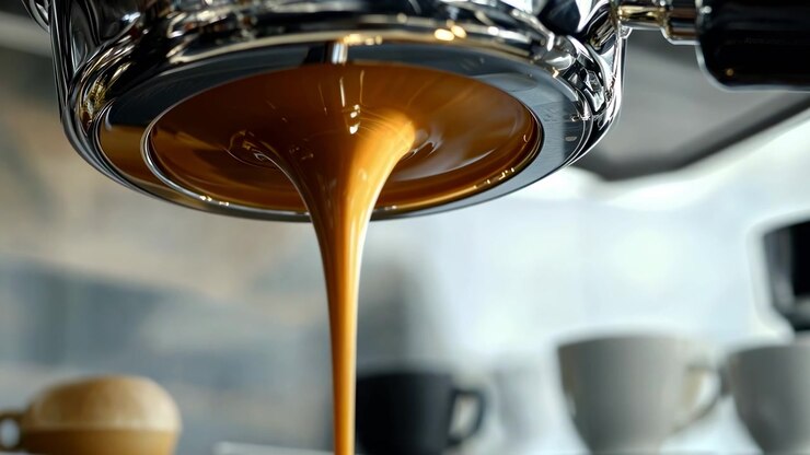 Espresso die uit een pistonhouder stroomt in een koffiebar