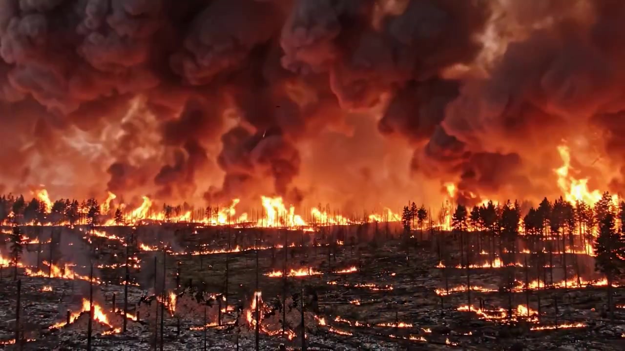 Catastrophic Forest Fire Destroys Vast Areas Leaving a Trail of Devastation with Billowing Smoke and Intense Flames Rage Across the Landscape