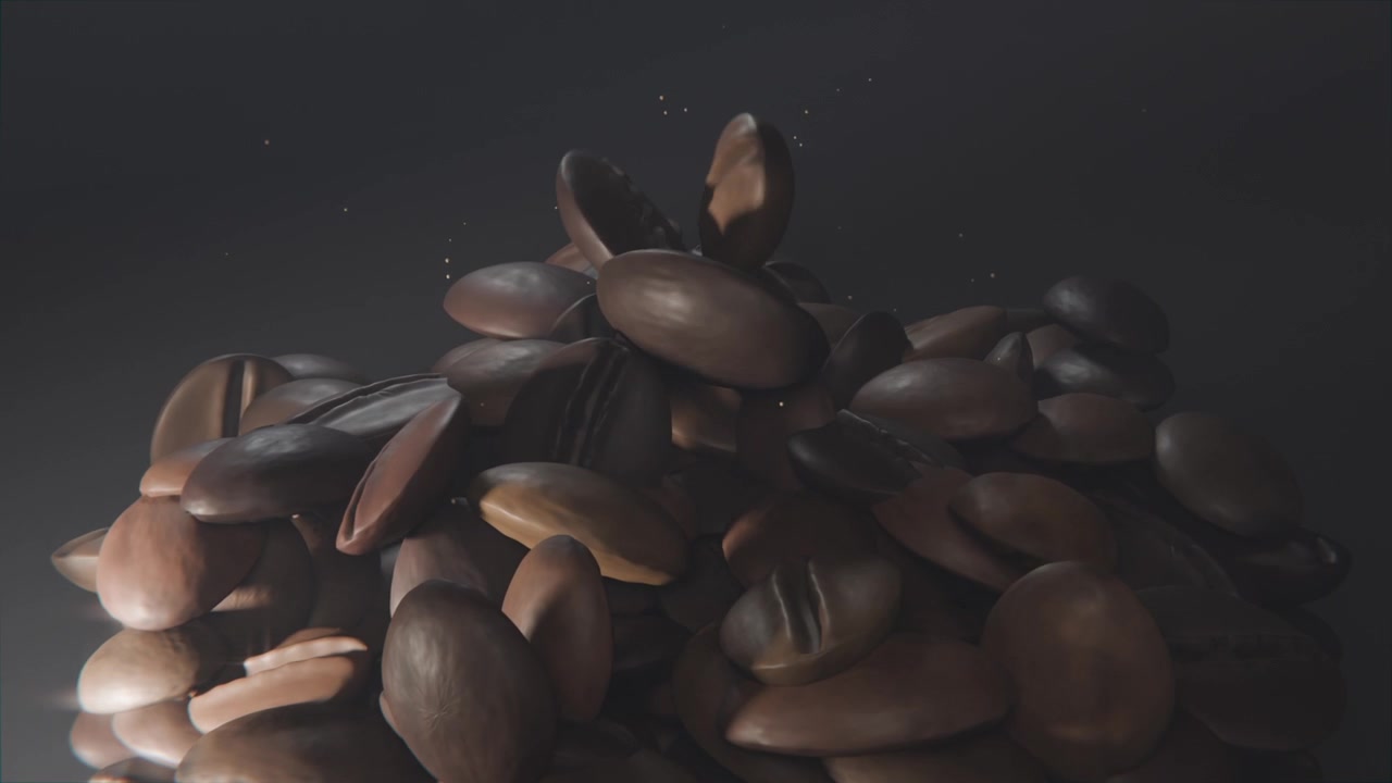 Falling beans landing on pile of roasted beans in studio set, building taller peak, raising dust
