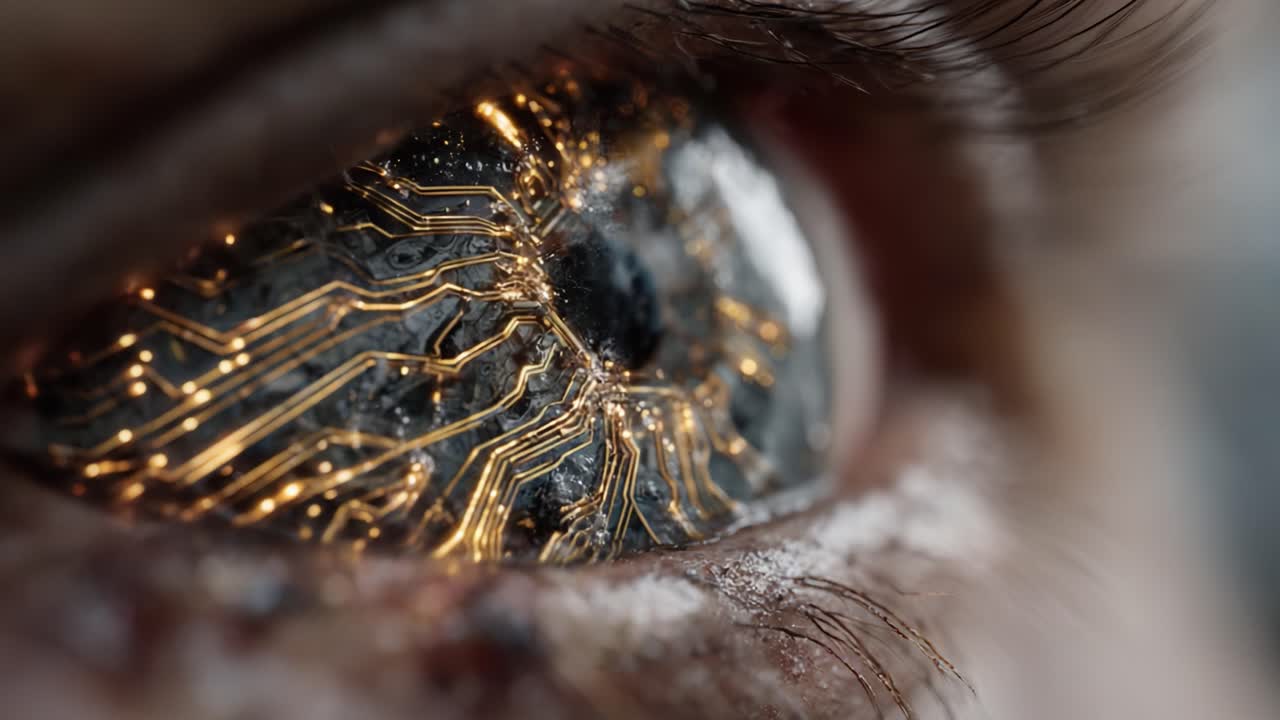 A Close-Up of a Technologically Enhanced Eye, Showcasing Intricate Circuitry Reflected in the Iris, Blending Nature with Advanced Digital Elements