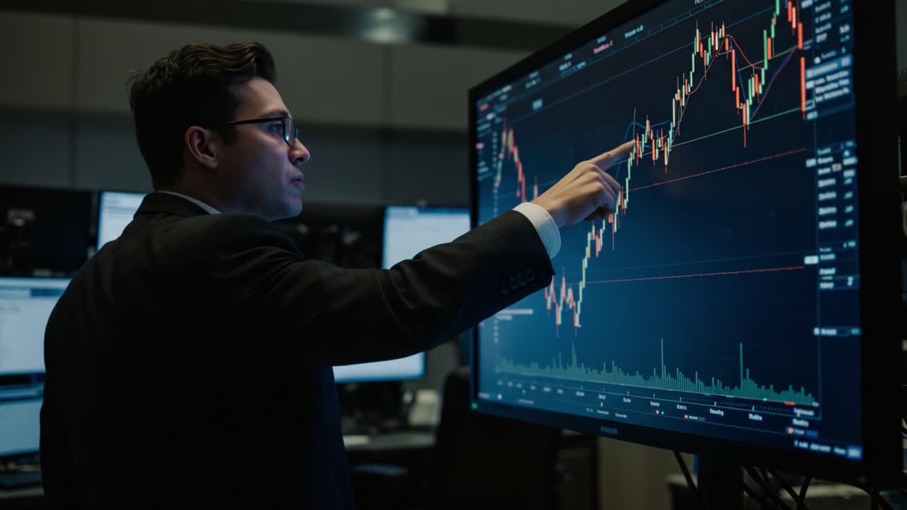 Analyzing Stock Market Trends: A Professional in a Suit Engages with Financial Graphs on Digital Displays to Decipher Investment Opportunities and Market Signals