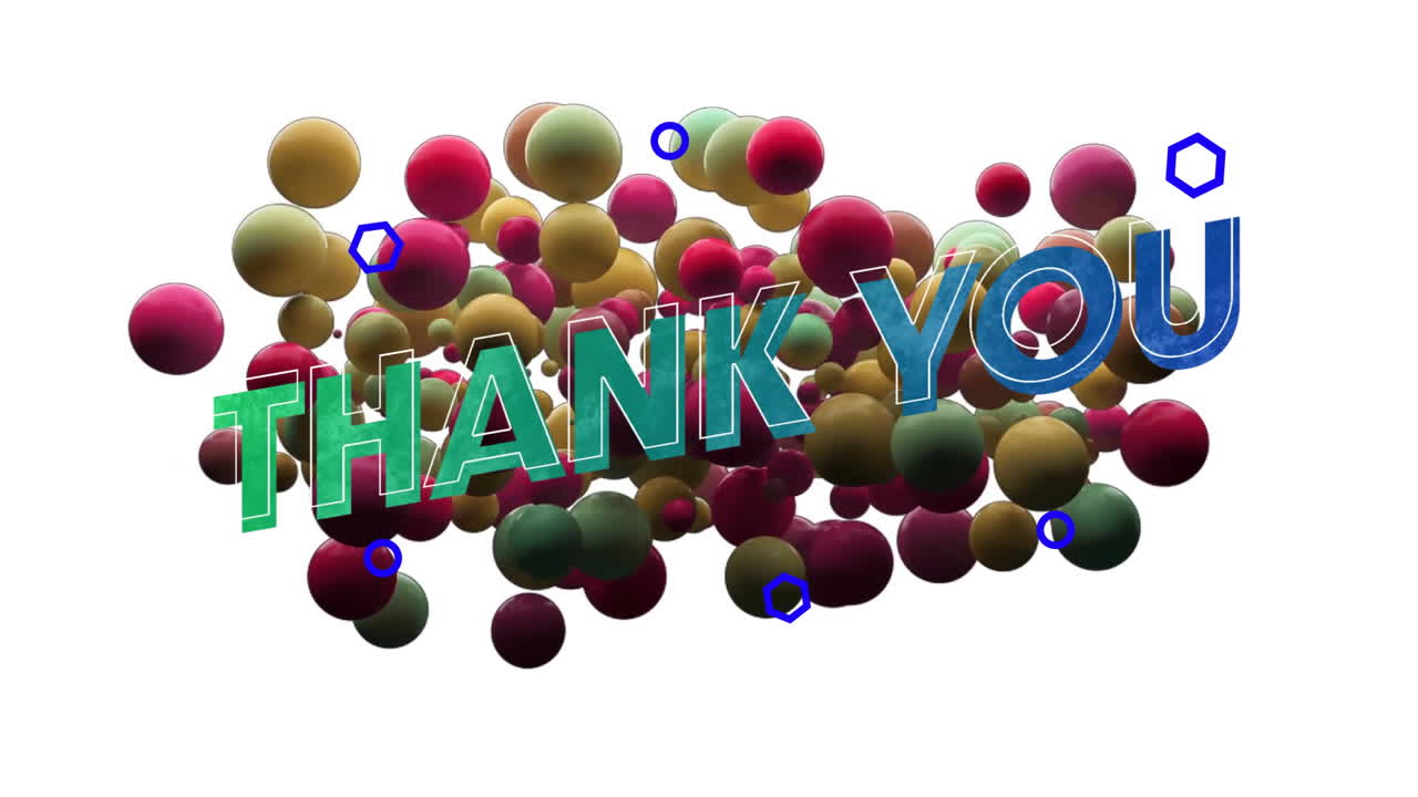 Sfere 3D lucide fluttuanti con la scritta "THANK YOU", contorni poligonali che formano una composizione festiva.