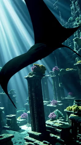 sunbeams penetrating an underwater ancient city