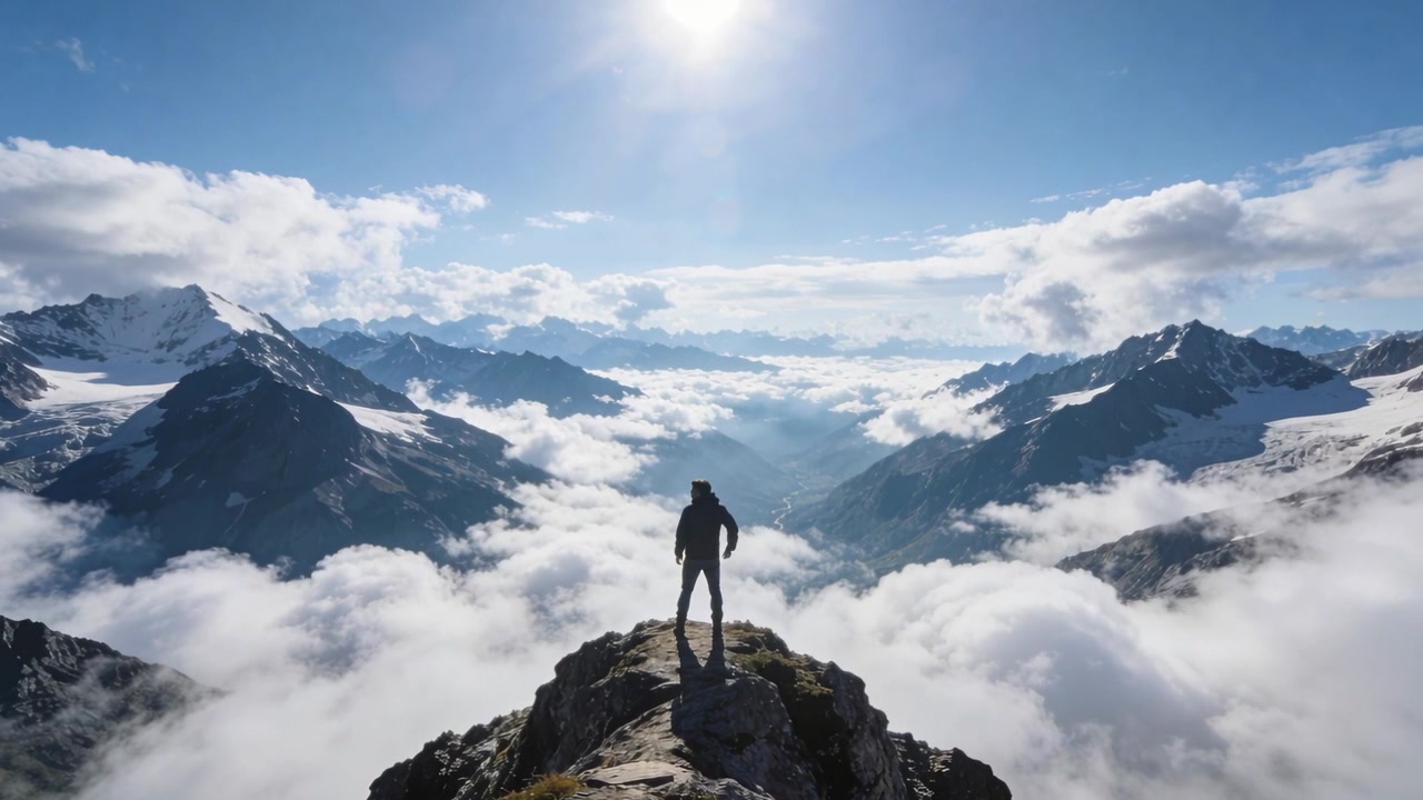 Escursionista in equilibrio che indossa giacca, zaino e stivali, muovendosi su una cima rocciosa sopra uno strato di nuvole basse.