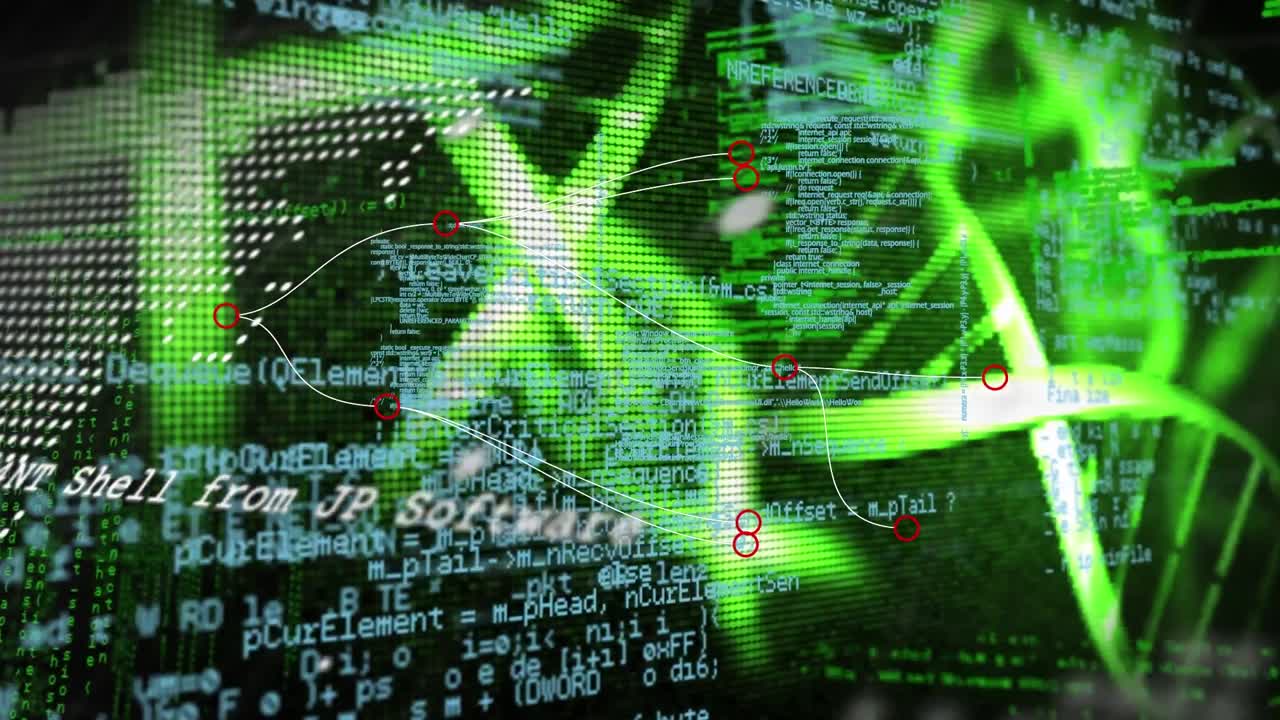 animación del mapa del mundo y procesamiento de datos sobre la cadena de adn en fondo negro