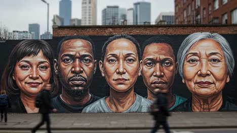 a dynamic street mural showcasing diverse portraits of human faces, capturing emotion and cultural representation in an urban setting