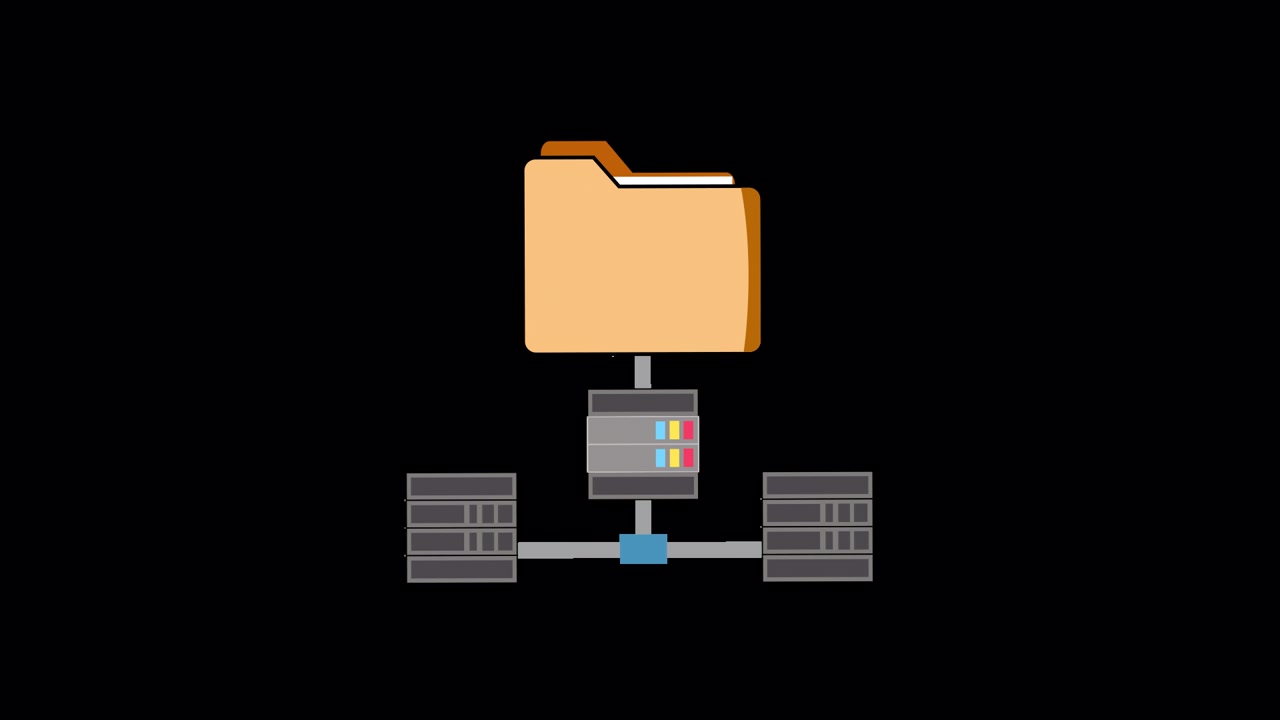 Animovaný diagram znázorňující síťový server a připojení datového úložiště