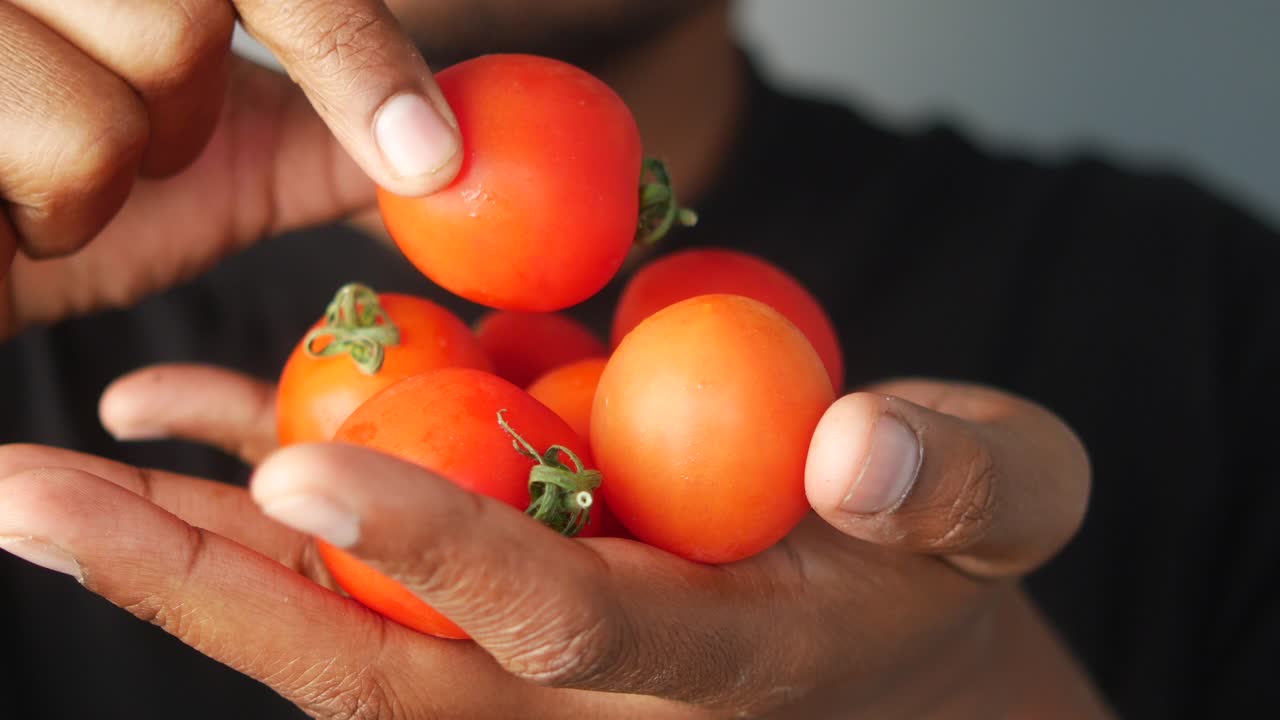 토마토 한 어리를 들고 있는 사람