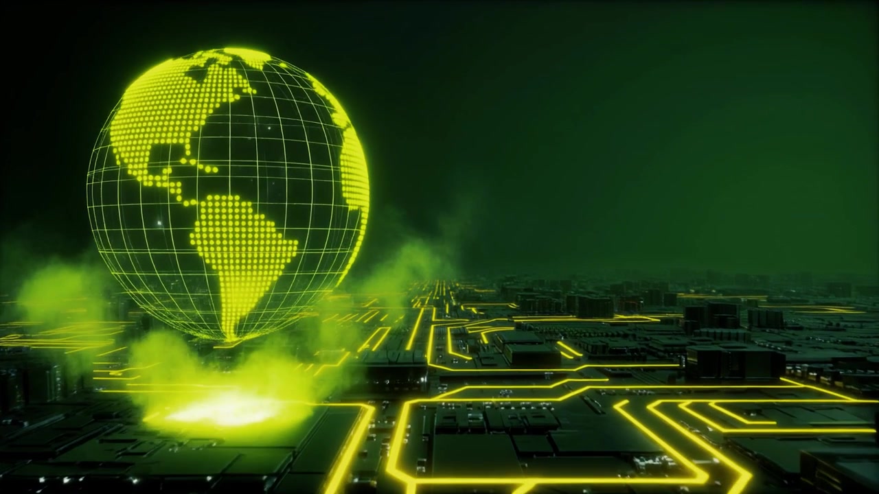 Digital Globe Hologram Floating Above Futuristic Circuit Board