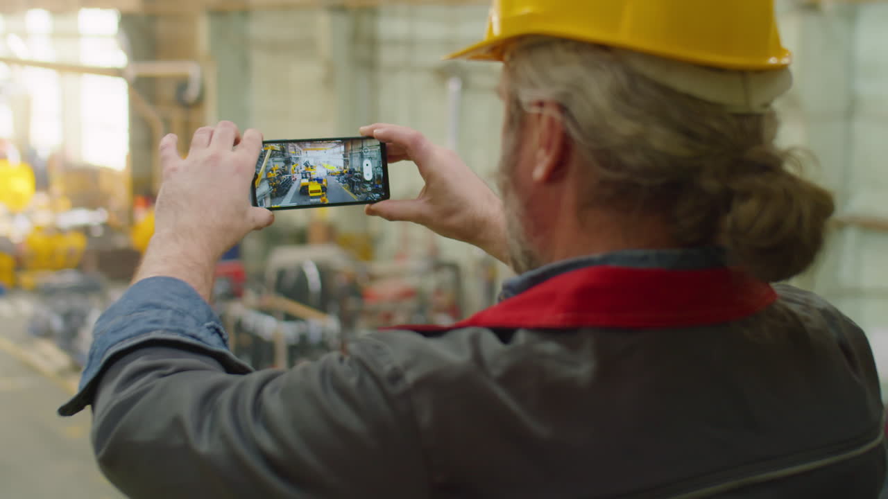 Factory Inspector Photographing Machinery with Phone