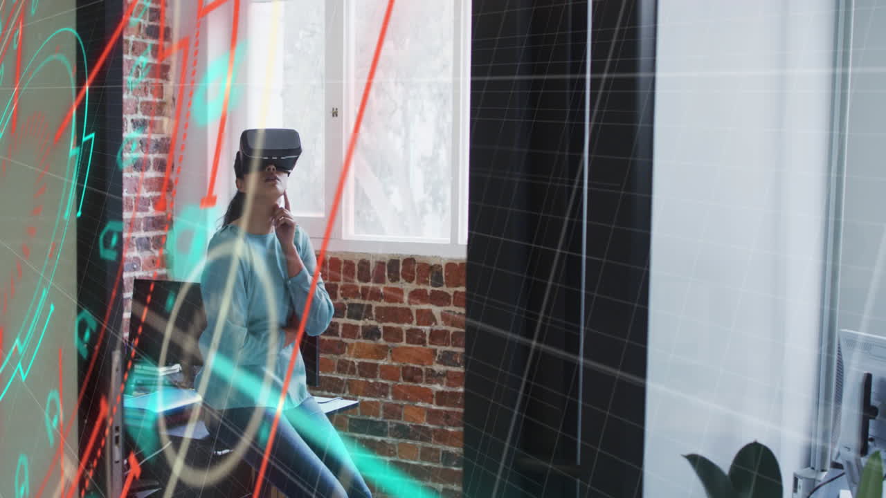 escaneo de alcance sobre la red de red contra la mujer caucásica que usa auriculares vr en la oficina