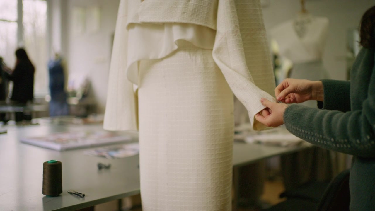 Gros plan sur un vêtement blanc texturé sur un mannequin de couture, avec un styliste ajustant la manche large.