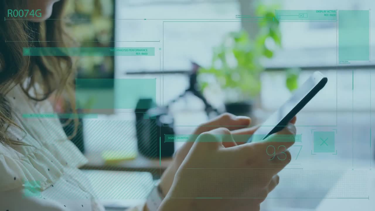 스마트 폰을 사용하는 백인 여성에 대한 디지털 인터페이스 애니메이션