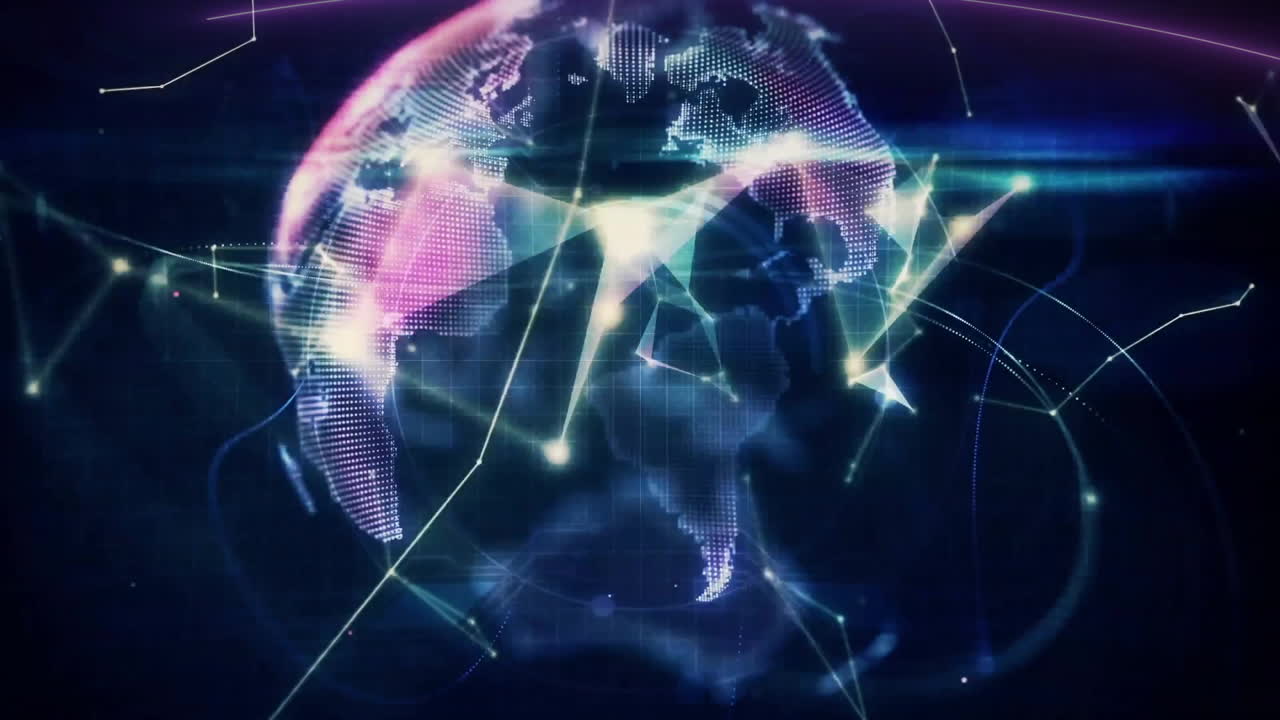 Animation of glowing network processing data over globe on black background