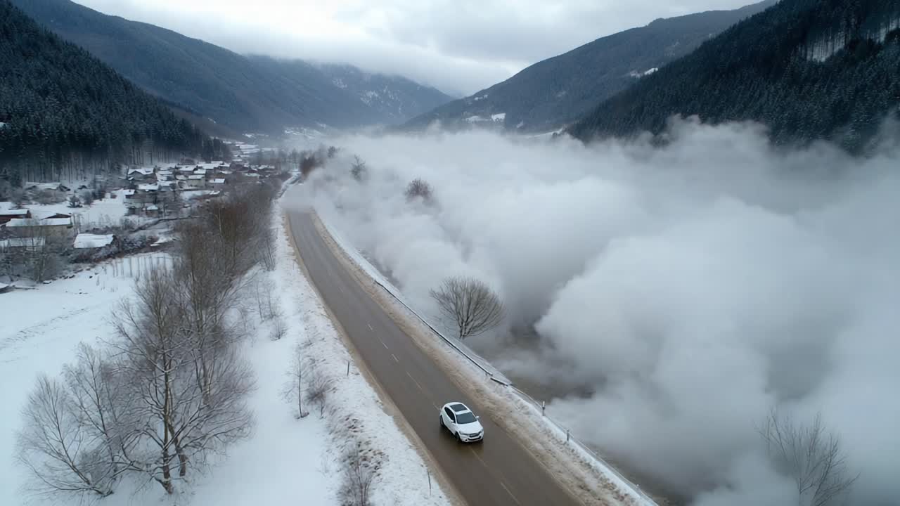 A solitary vehicle travels along a snow-covered road, flanked by a foggy landscape, as mist rises from the riverbanks in a picturesque winter setting