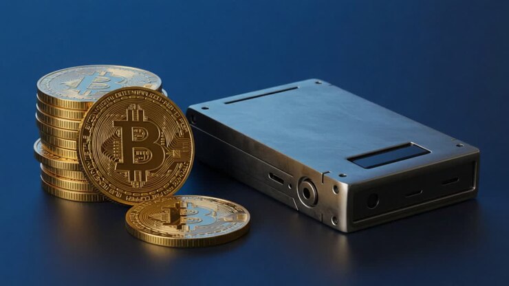 Primo piano di un hardware wallet per criptovalute accanto a pile di monete Bitcoin, che evidenzia l'archiviazione e la sicurezza degli asset digitali