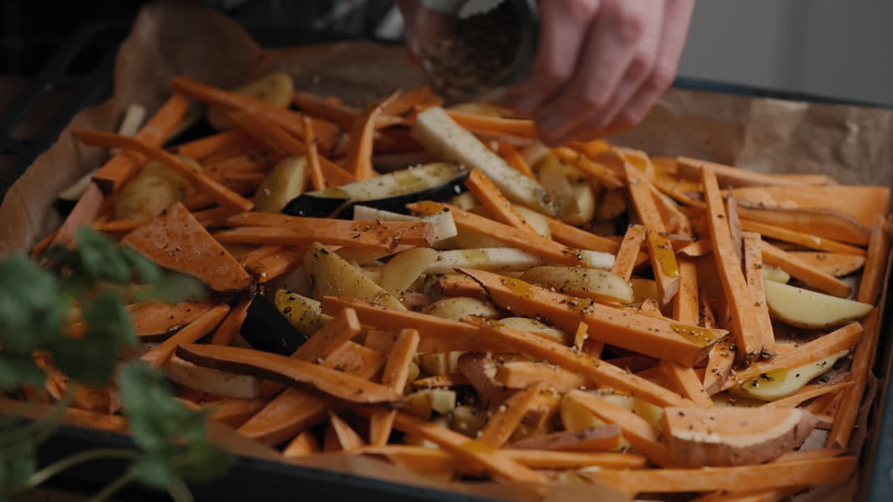 Slow-Motion Footage Of A Chef spicing Vegetables with salt cooking a healthy meal