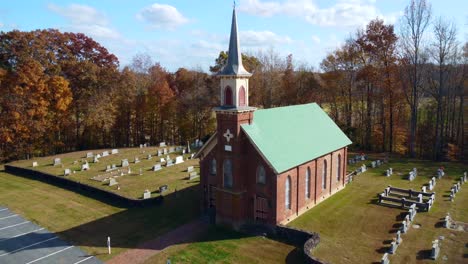 Old-Church-in-country-with-graveyard-surrounding-it-near,-Winston-Salem-nc