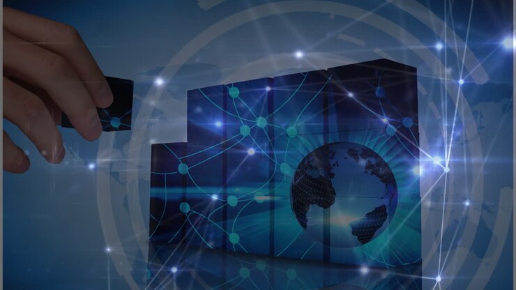 Animation of network of connections with light spots over hand and cubes on blue background