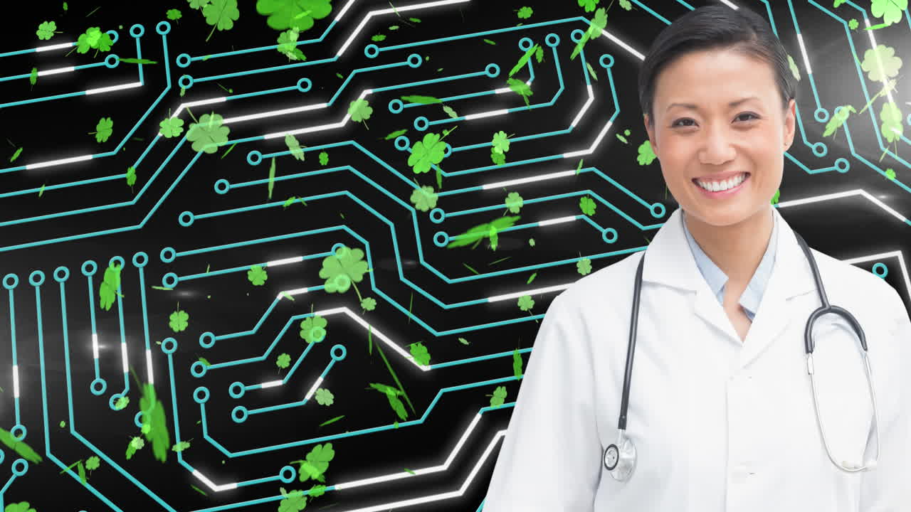 데이터 처리 및 클로버스 오버 아시아 여성 의사의 애니메이션