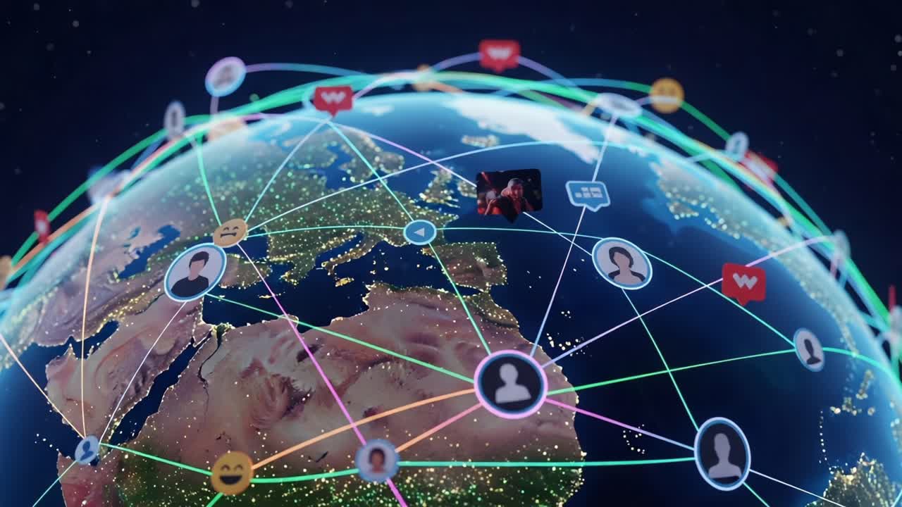 Global Connectivity and Digital Interaction Visualized: A Stunning Representation of the World Through Technological Networks and Diverse Online Communication