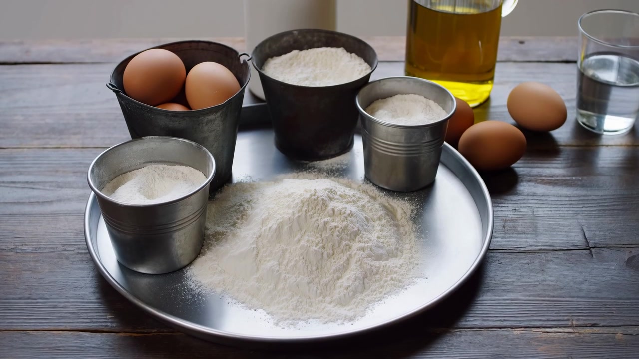 Utsikt i lav øyehøyde av bakeingredienser på et forvitret mørkt trebord, med en haug siktet mel på et reflekterende brett, spredt støv, metallkopper, brune egg, varmt naturlig lys og tydelige tegn på