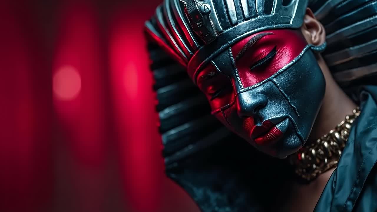 A woman wearing a black and red mask with a crown on her head