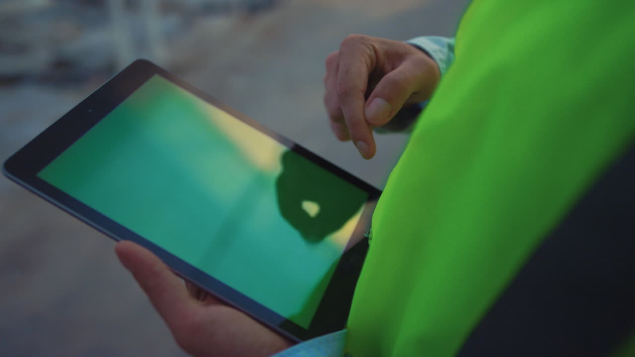 태블릿을 들고 있는 공장 노동자가 중요한 생산 데이터를 클로즈업으로 분석하고 있습니다.