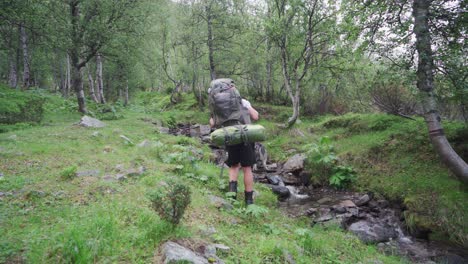 tired hiker and dog rest by the small creek to drink water