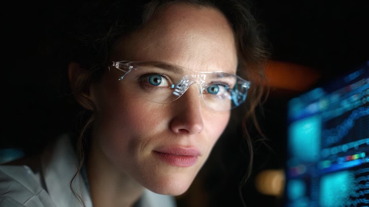 Intensely Focused Scientist Analyzing Complex Data on a Computer Screen, Combining Analytical Mind and Cutting-Edge Technology to Explore New Frontiers