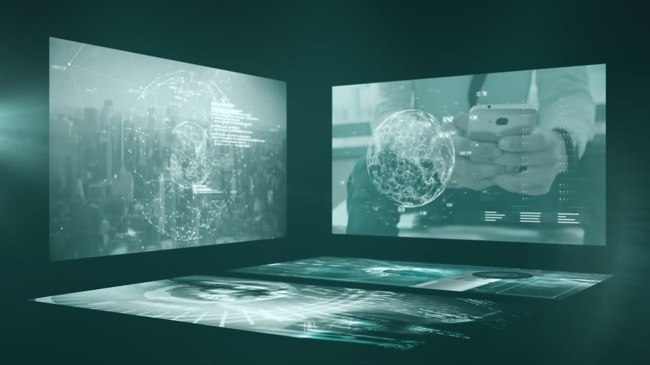 초록색 배경에 대한 빛의 점 위에 데이터 처리를 가진 여러 화면의 애니메이션