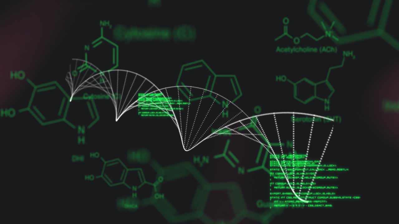 animación de la cadena de adn que gira sobre estructuras químicas y procesamiento de datos