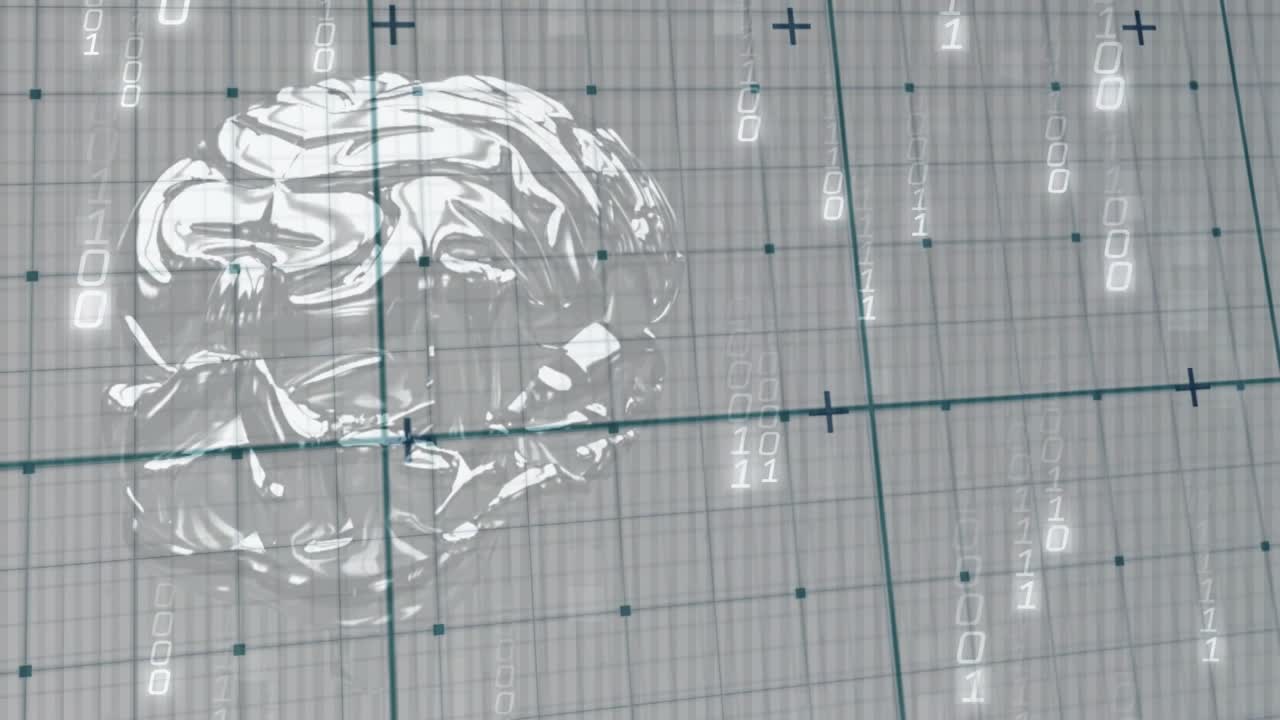 3D grid interface starting and turning holographic brain while streaming binary data for analysis