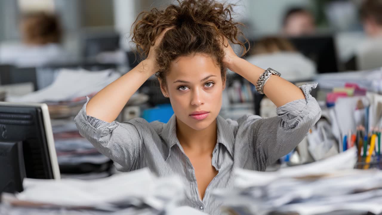 Stressed Office Worker Surrounded by Paperwork and Chaos in a Busy Corporate Workspace, Capturing the Overwhelming Pressure and Workload Faced Daily