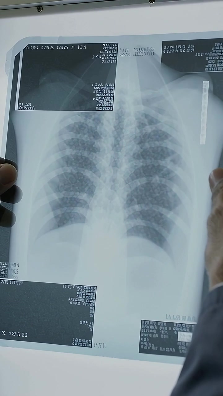 Vertical video: Bringing film to lightbox, dark-sleeved hands placing chest X-ray, inspecting lungs