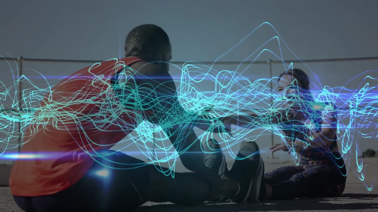 animación de la red de conexiones sobre mujeres y hombres que hacen ejercicio al aire libre