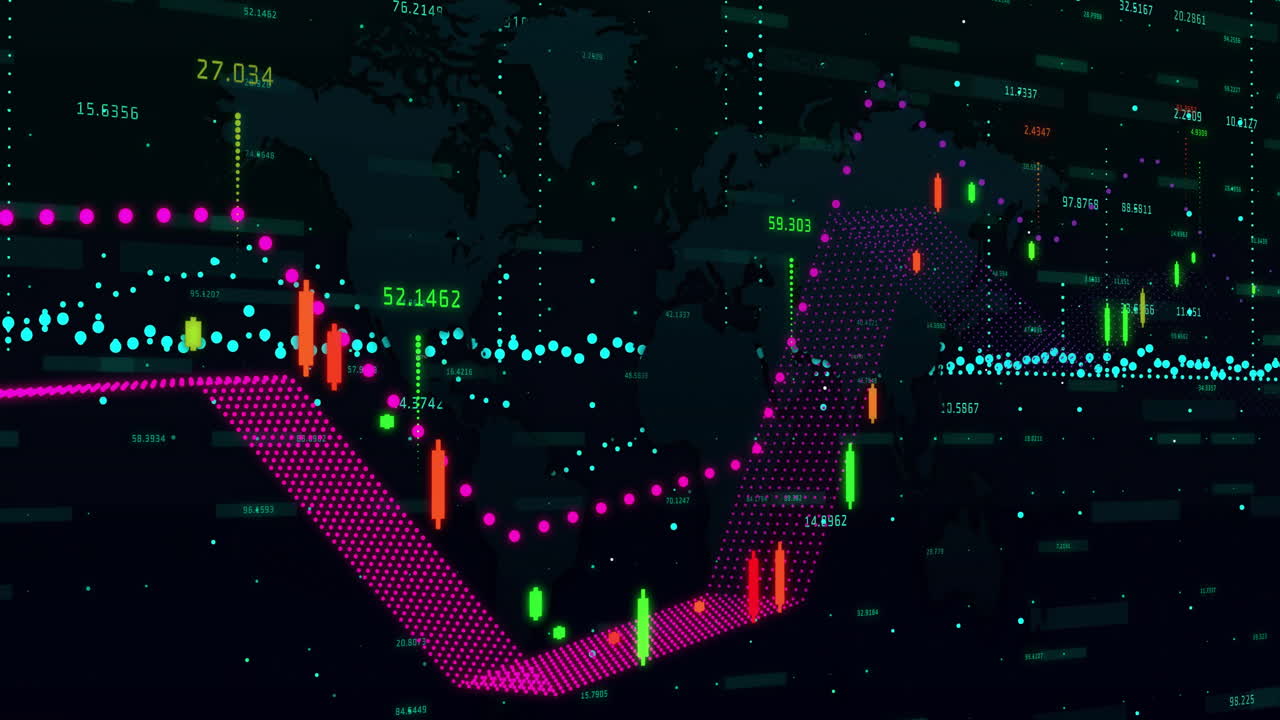animación del procesamiento de datos financieros sobre el mapa del mundo