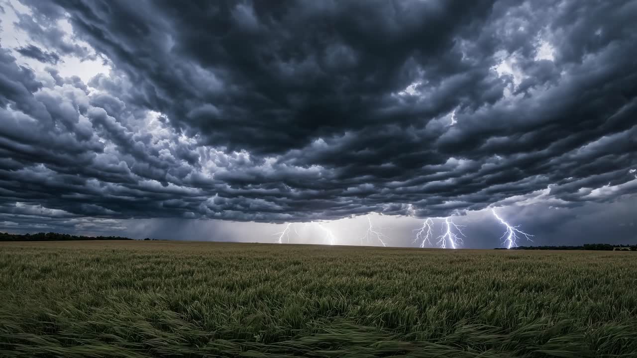 Dramatic landscape video concept with a low-angle view of a stormy sky and lightning over a vast