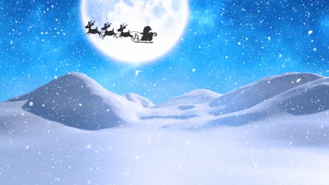 Digital-animation-of-snow-falling-over-winter-landscape-and-silhouette-of-santa-claus-in-sleigh