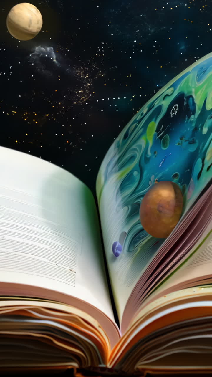 The book is open to a page with a colorful drawing of the solar system. The drawing includes the sun, planets, and other celestial bodies. The book appears to be a children's book or a science book