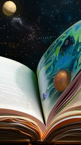 the book is open to a page with a colorful drawing of the solar system. the drawing includes the sun, planets, and other celestial bodies. the book appears to be a children's book or a science book