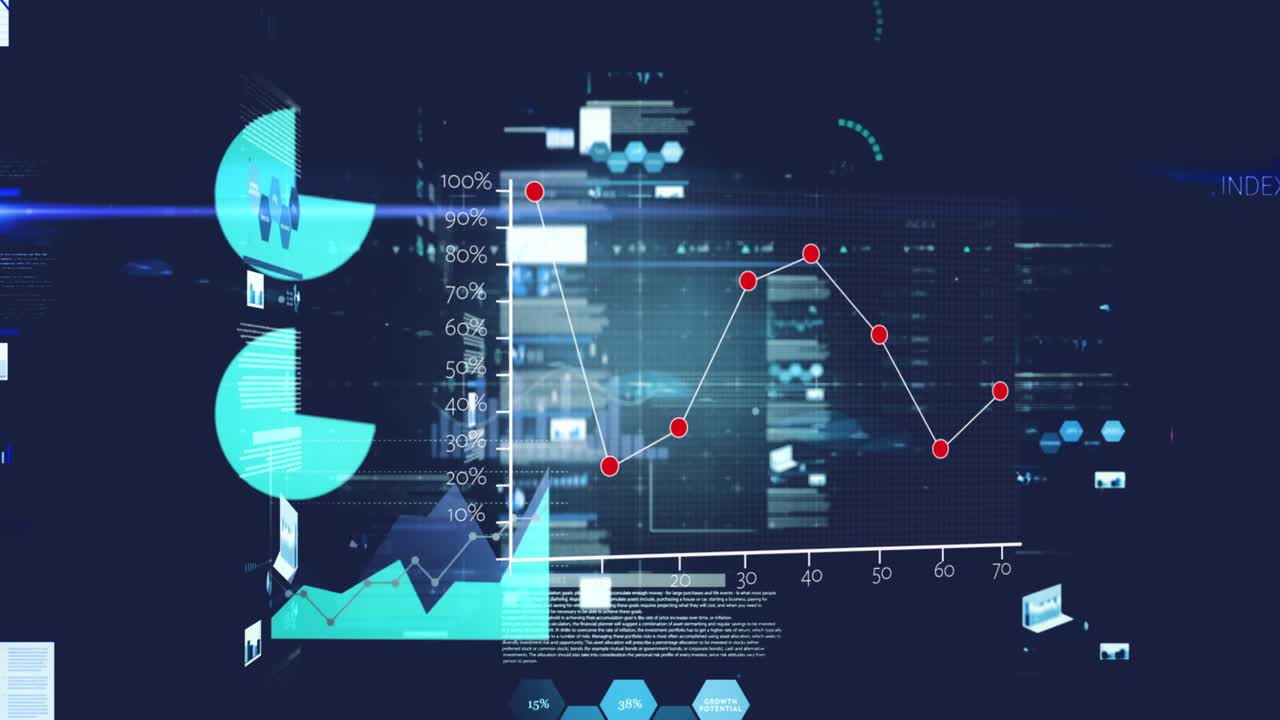 Animation of screens with data processing and light spot against blue background