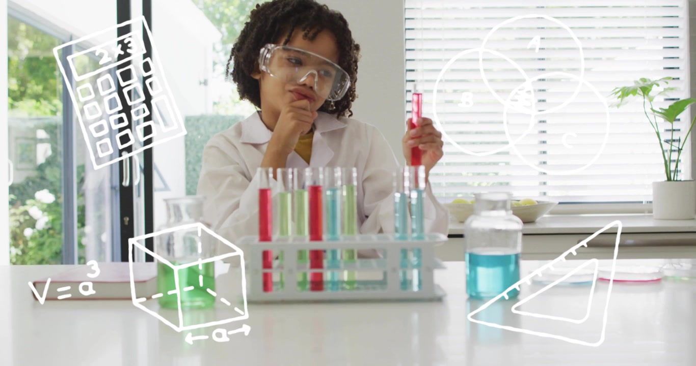 Boy in lab coat grabbing red test tube and showing animated science icons while exploring chemistry