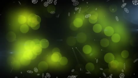 Animation-of-snow-falling-and-glowing-green-spots-of-light